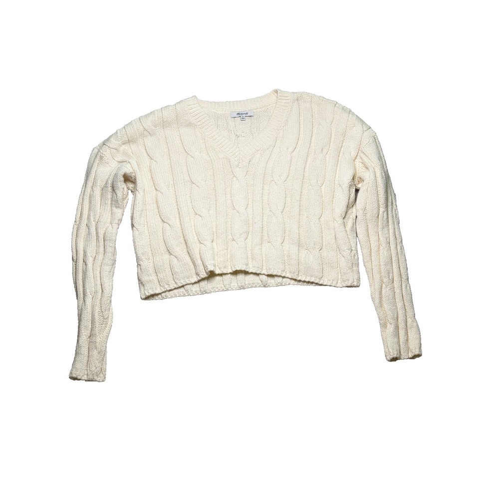 Madewell Sweater Womens M Cream Cable Knit V-Neck Cropped Pullover Fisherman Y2K